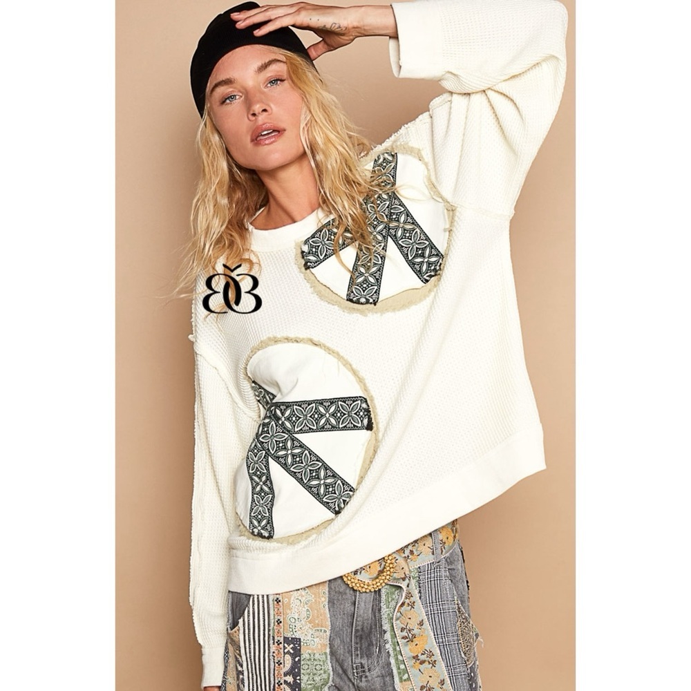 POL Cream Waffle Knit Pullover | Vintage Wash Peace Patch Long Sleeve Top - Picture 2 of 9